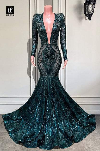 30949 - Attractive V-Neck Long Sleeves Mermaid Prom Dress Black Girls Slay