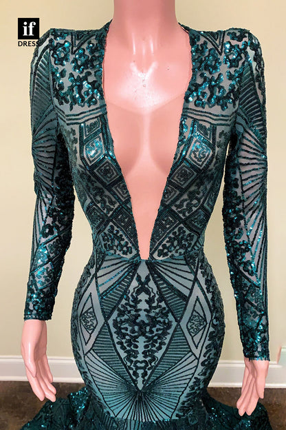 30949 - Attractive V-Neck Long Sleeves Mermaid Prom Dress Black Girls Slay