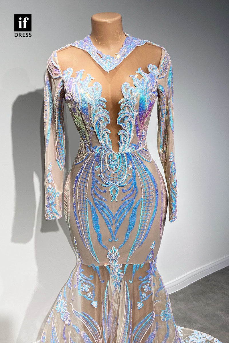 30950 - Illusion V-Neck Long Sleeves Mermaid Prom Dress Black Slay