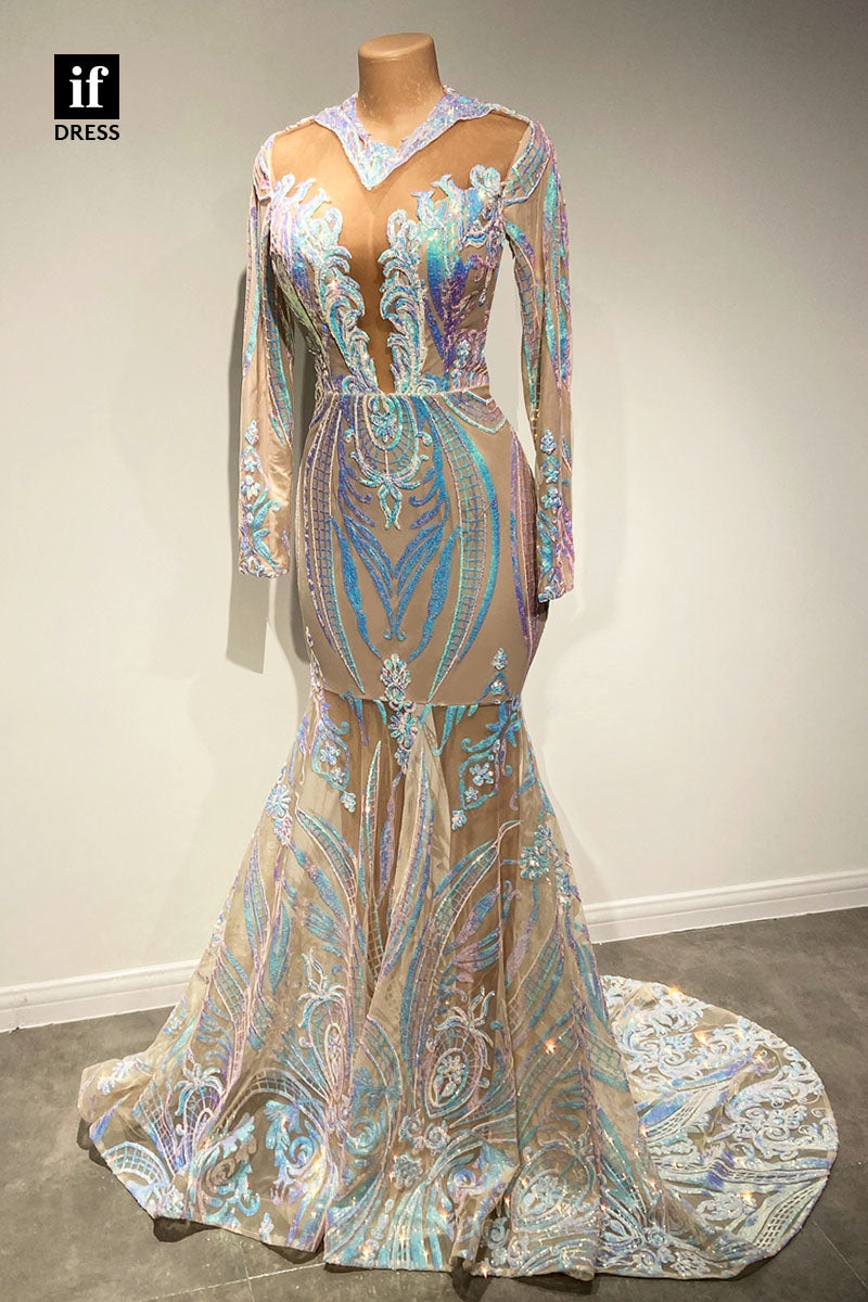 30950 - Illusion V-Neck Long Sleeves Mermaid Prom Dress Black Slay