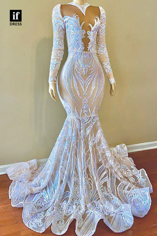 30950 - Illusion V-Neck Long Sleeves Mermaid Prom Dress Black Slay