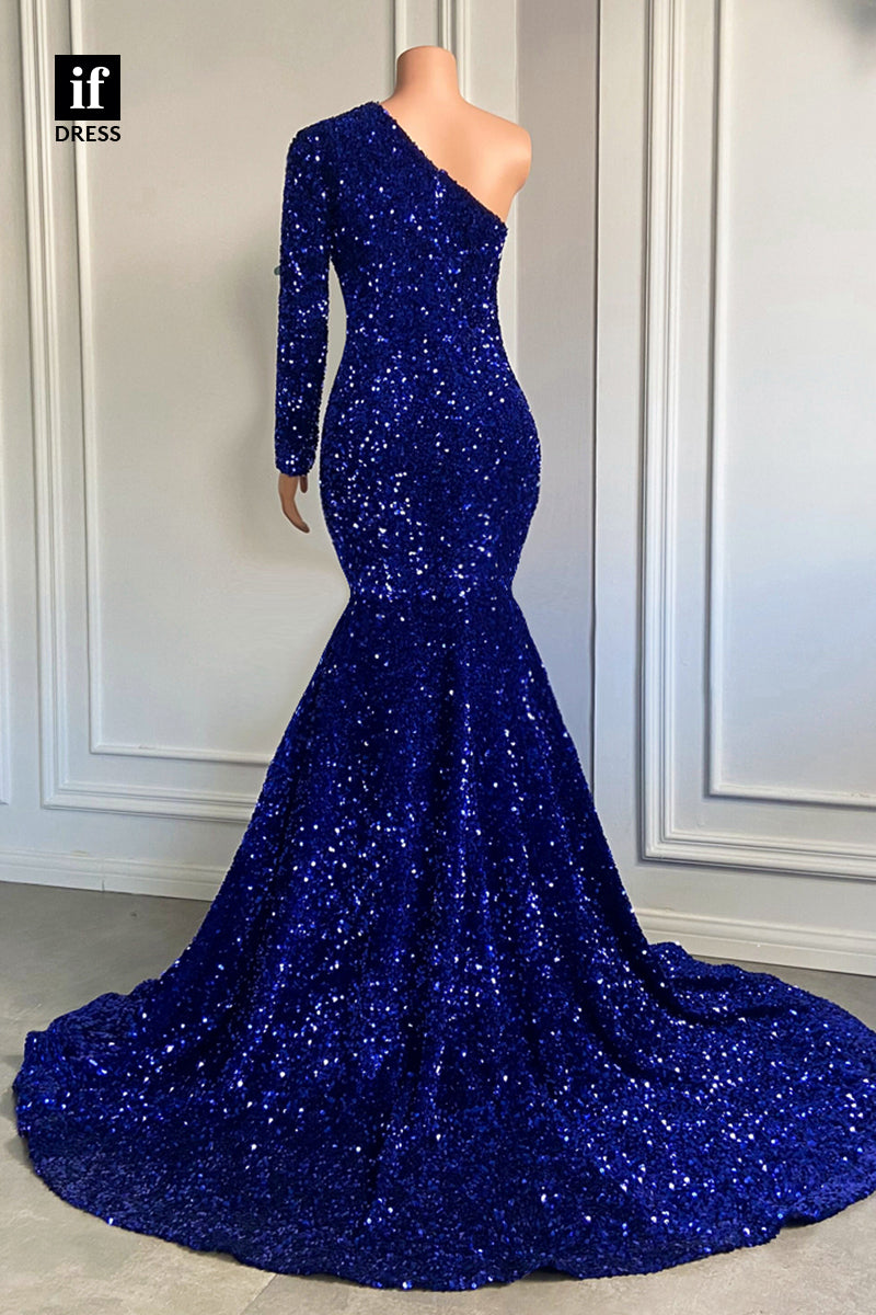 30952 - Unique One Shoulder Long Sleeves Sequins Mermaid Prom Dress for Black Girls