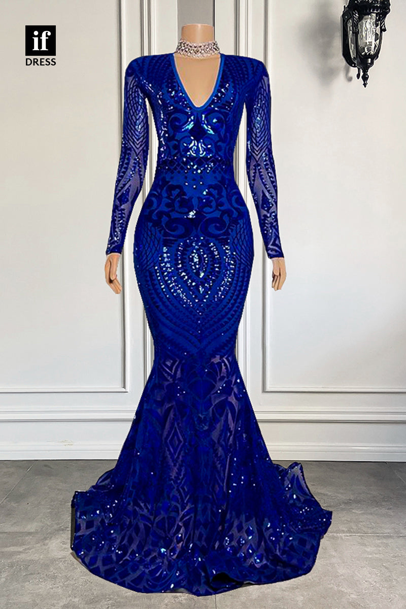30955 - Sexy V-Neck Long Sleeves Mermaid Prom Dress for Black Girls Slay