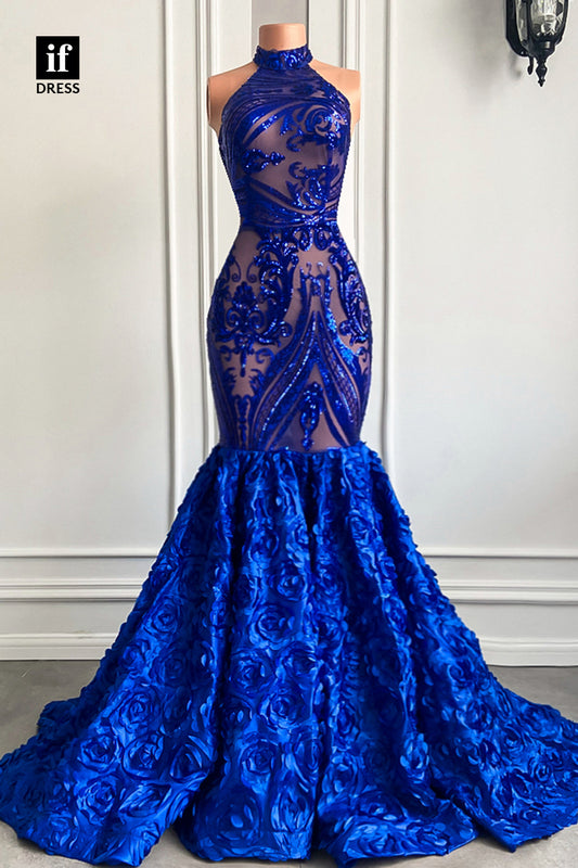 30957 - Unique High Neckline Appliques Mermaid Prom Dress for Black Girls Slay