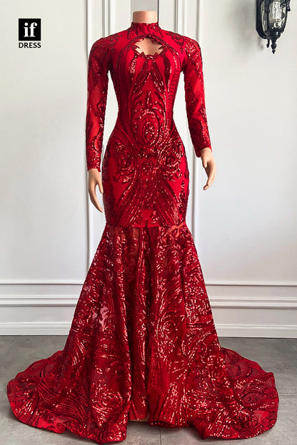 30959 - Unique High Neck Long Sleeves Burgundy Mermaid Prom Dress for Black Slay