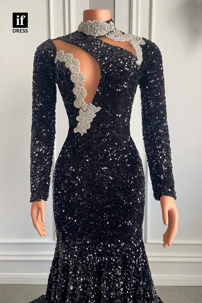 30963 - Unique High Neckline Beads Long Sleeves Mermaid Prom Dress for Black Girls Slay