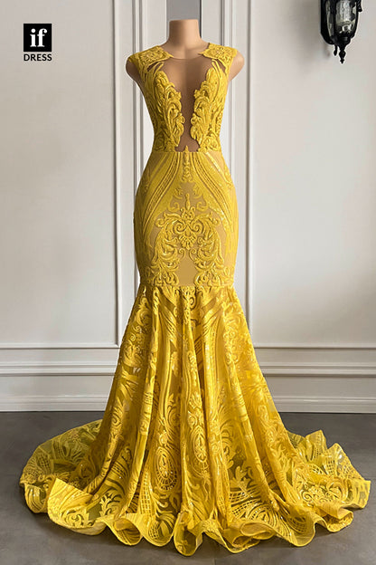 30965 - Illusion V-Neck Appliques Mermaid Prom Dress for Black Girls Slay