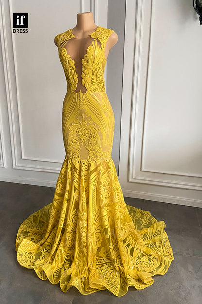 30965 - Illusion V-Neck Appliques Mermaid Prom Dress for Black Girls Slay