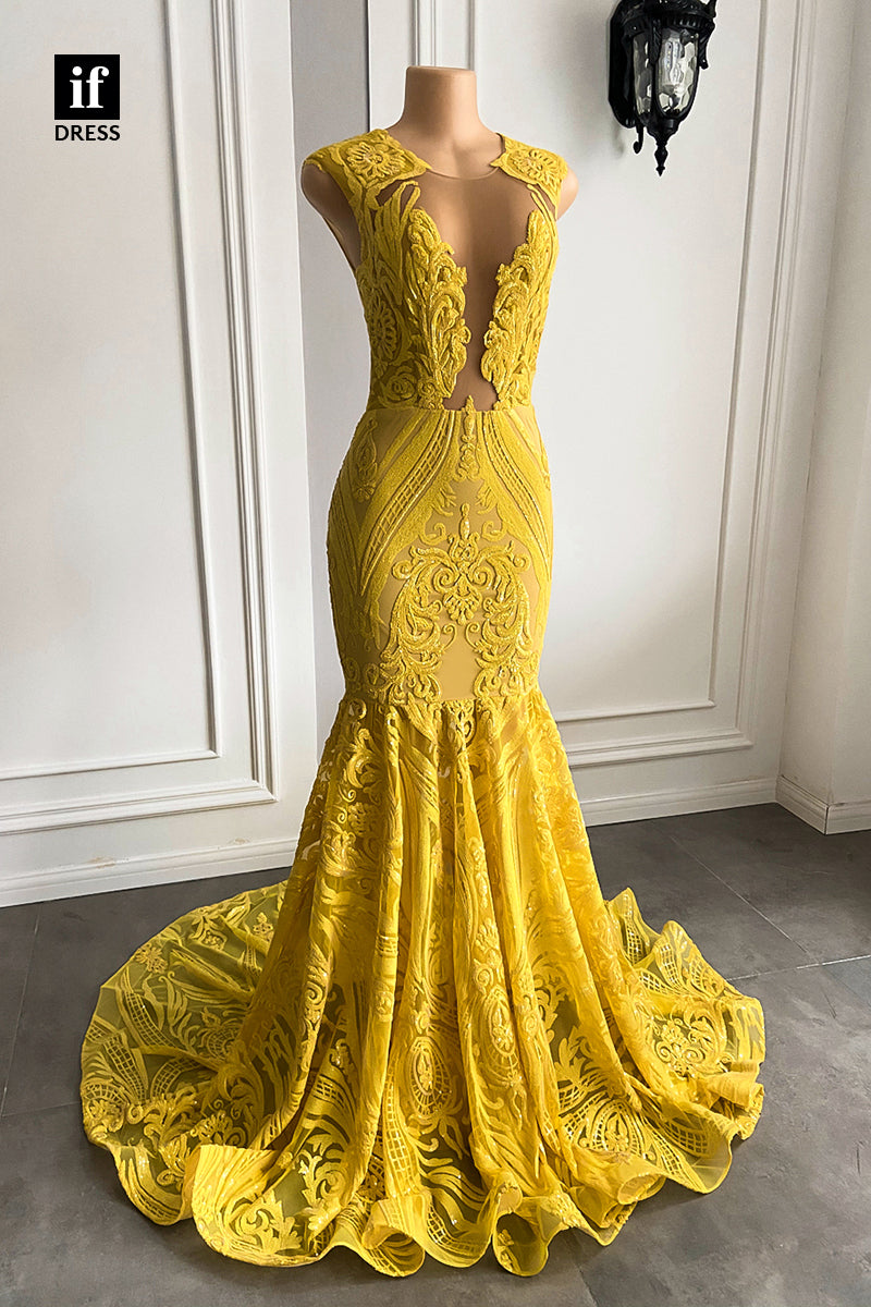 30965 - Illusion V-Neck Appliques Mermaid Prom Dress for Black Girls Slay