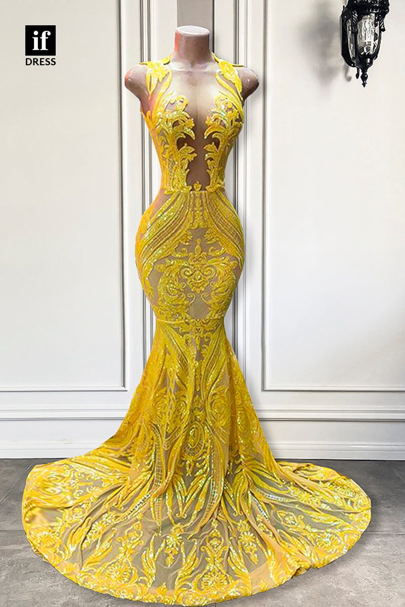 30965 - Illusion V-Neck Appliques Mermaid Prom Dress for Black Girls Slay