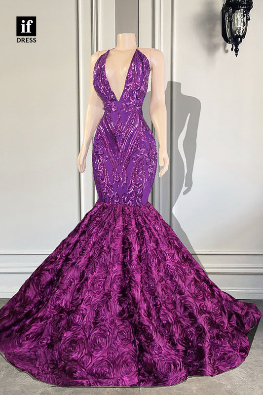 30966 - Plunging V-Neck Sequins Appliques Mermaid Prom Dress for Black Slay