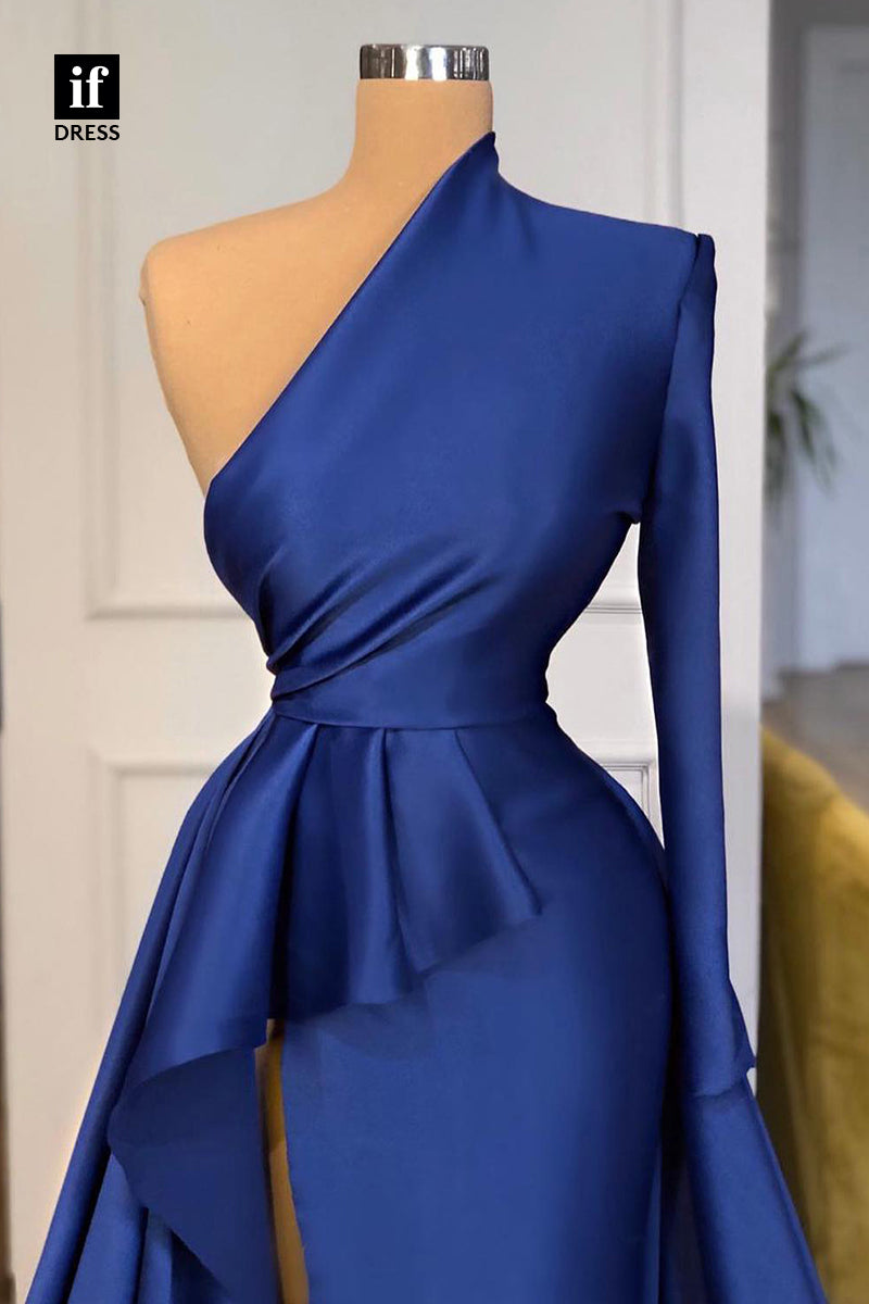 31807 - Unique One Shoulder Long Sleeves Side Slit A-line Formal Evening Dress