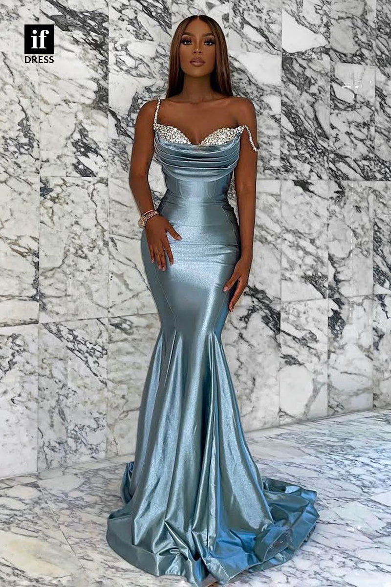 31813 - Spaghetti Straps Beads Mermaid Prom Dress Long Birthday Dress