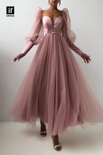31820 - Plunging V-Neck Long Sleeves A-line Prom Long Eveming Dress