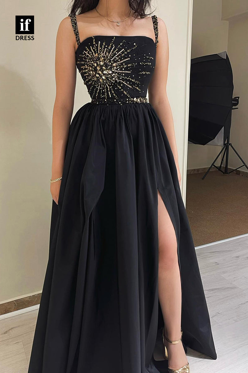 31828 - Spaghetti Straps Beads A-line Black Prom Formal Evening Dress
