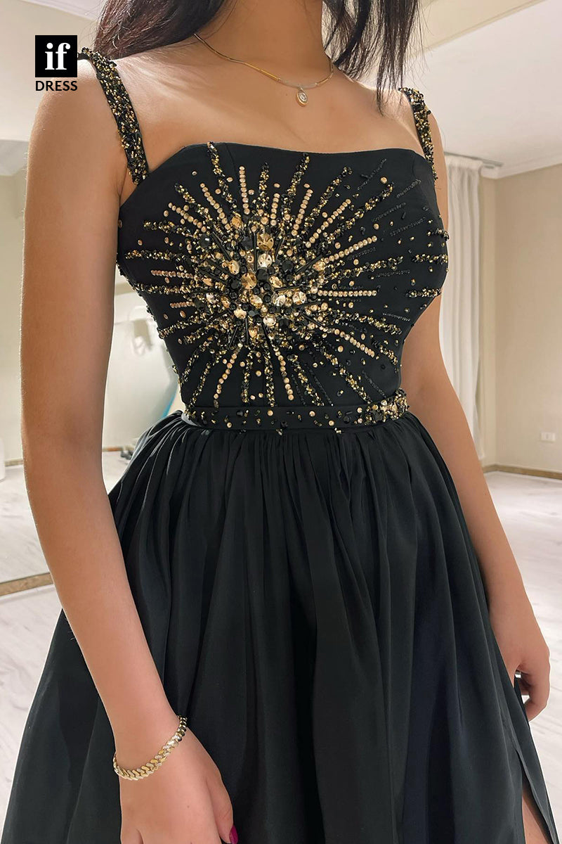 31828 - Spaghetti Straps Beads A-line Black Prom Formal Evening Dress