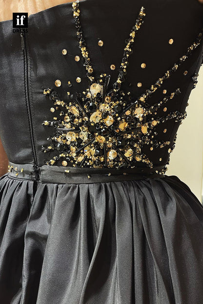 31828 - Spaghetti Straps Beads A-line Black Prom Formal Evening Dress