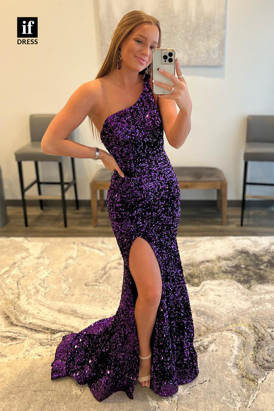 31838 - Unique One Shoulder Side Slit Purple Sparkly Prom Dress