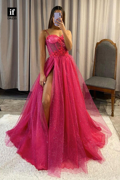 31842 - Spaghetti Straps Appliques Pink Long Prom Dress with Slit