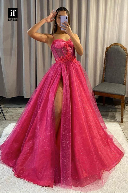 31842 - Spaghetti Straps Appliques Pink Long Prom Dress with Slit