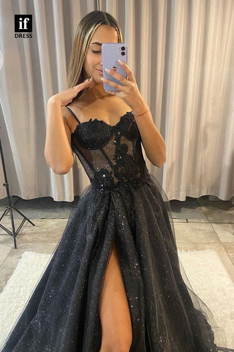 31846 - Spaghetti Straps Appliques Black Sleeveless Prom Dress Glitter with Slit