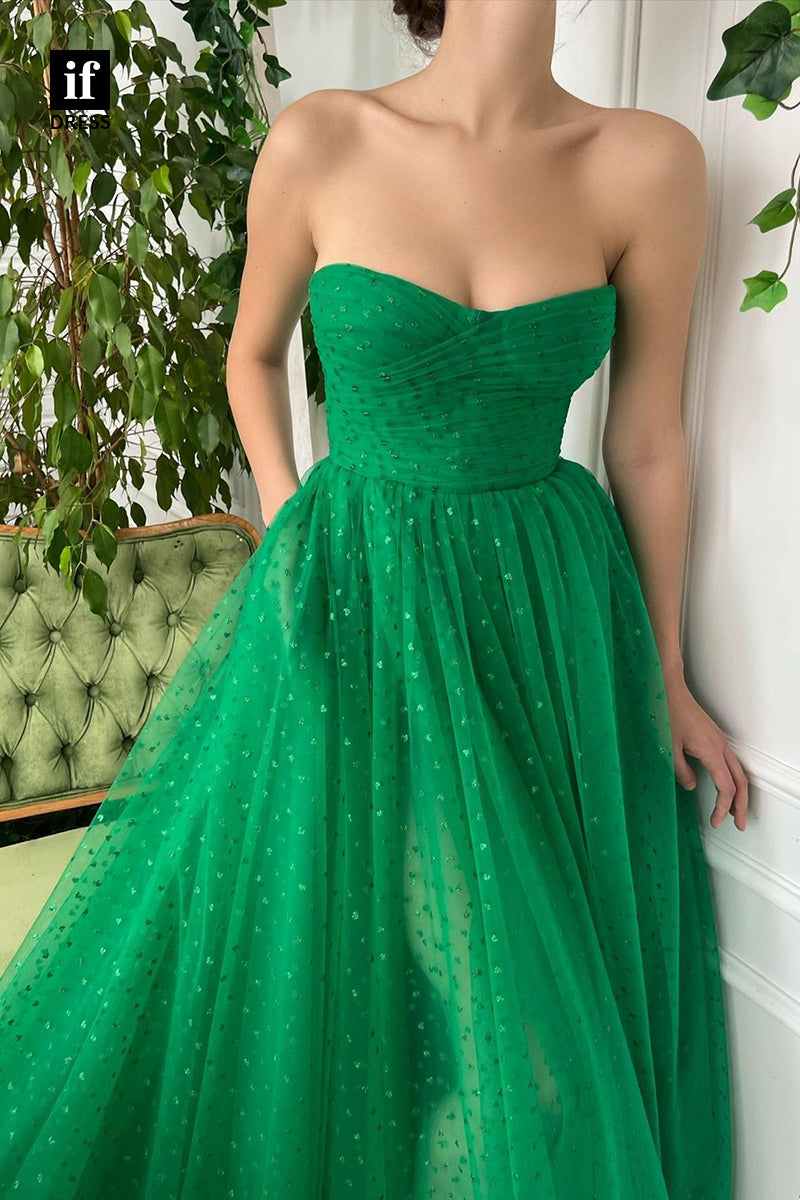 32893 - A-line Sweetheart Pleats Strapless Green Prom Dress with Slit