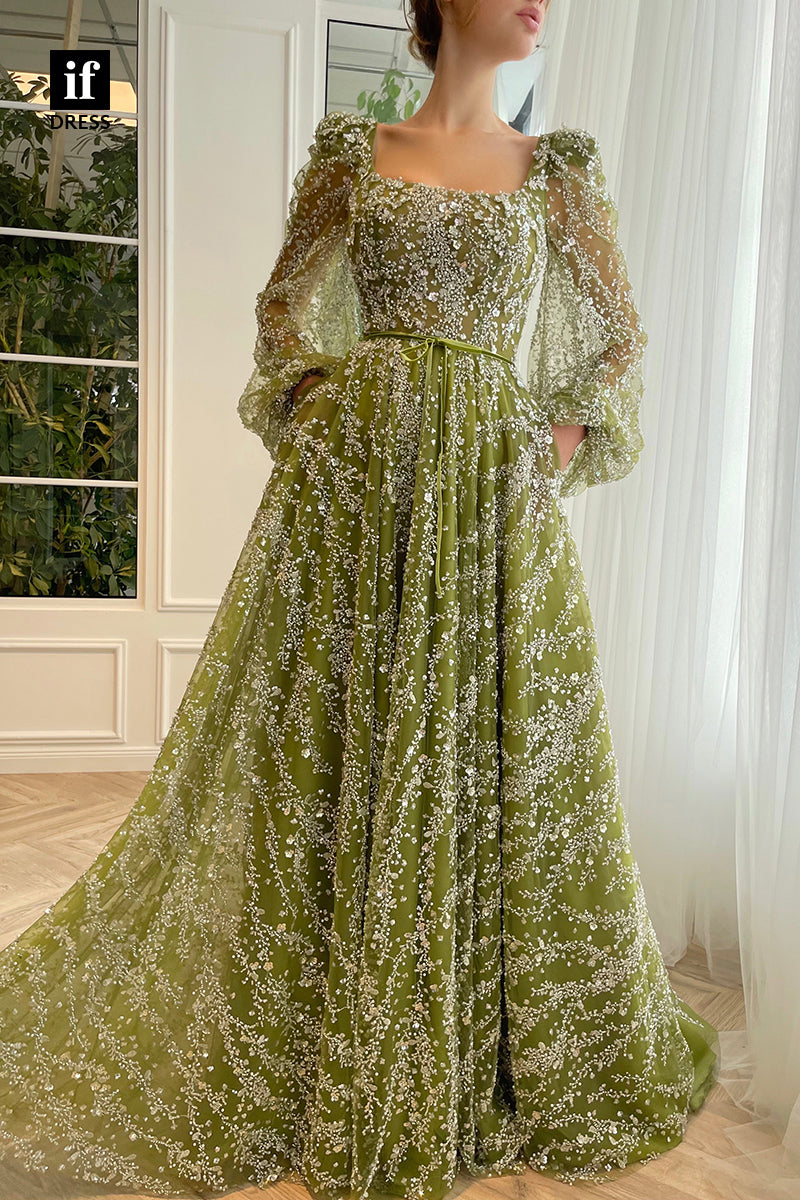 32895 - A-line Scoop Long Sleeves Lace Appliques Vintage Prom Dress