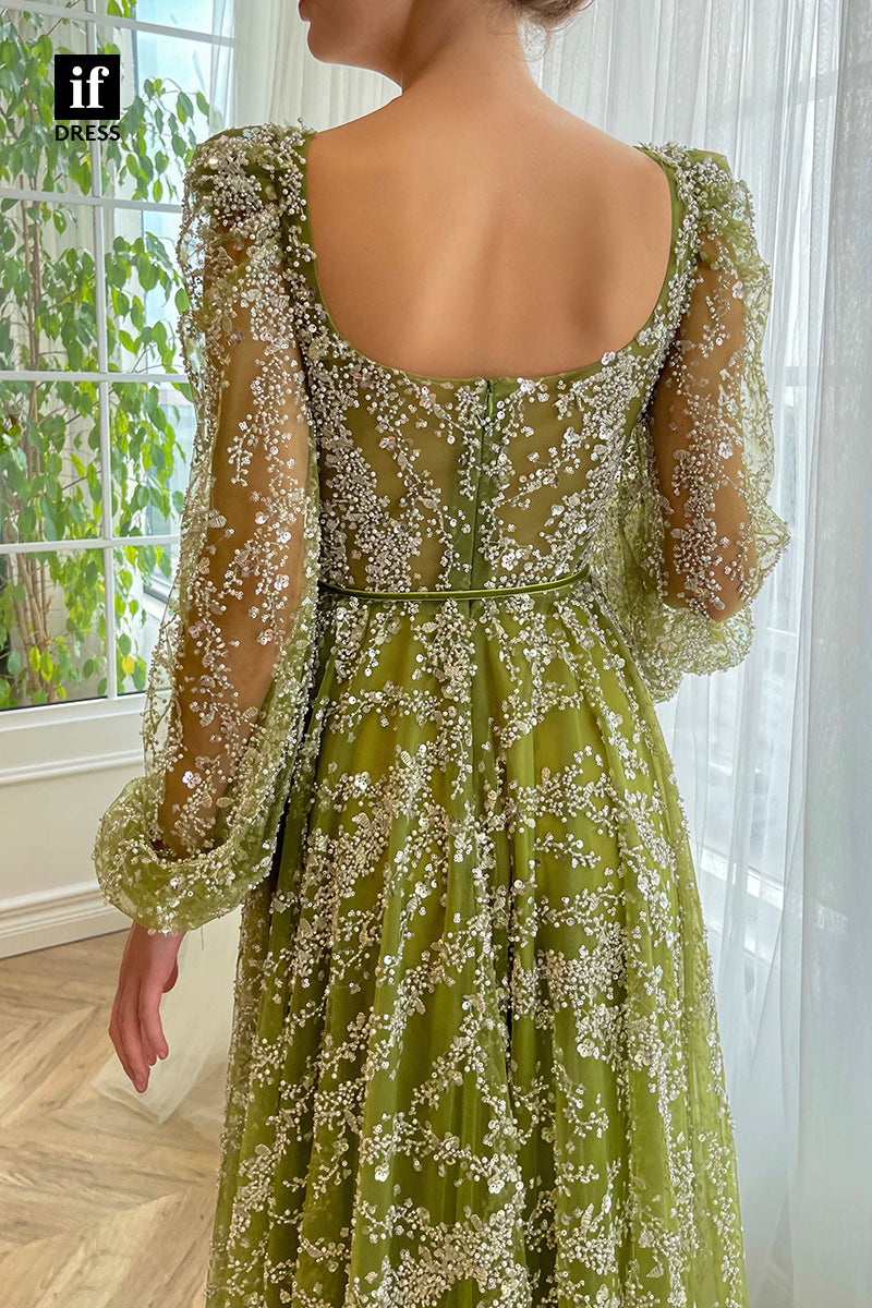 32895 - A-line Scoop Long Sleeves Lace Appliques Vintage Prom Dress