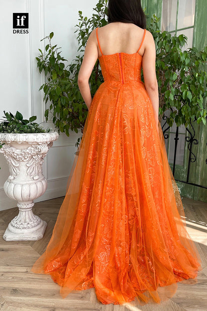 32896 - A-line Spaghetti Straps Lace Appliques Sleeveless Long Prom Dress