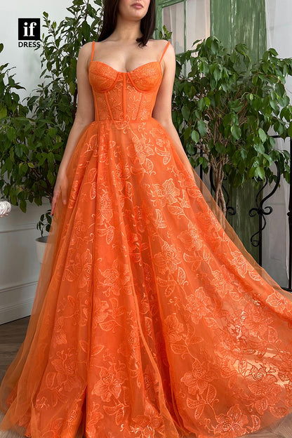 32896 - A-line Spaghetti Straps Lace Appliques Sleeveless Long Prom Dress