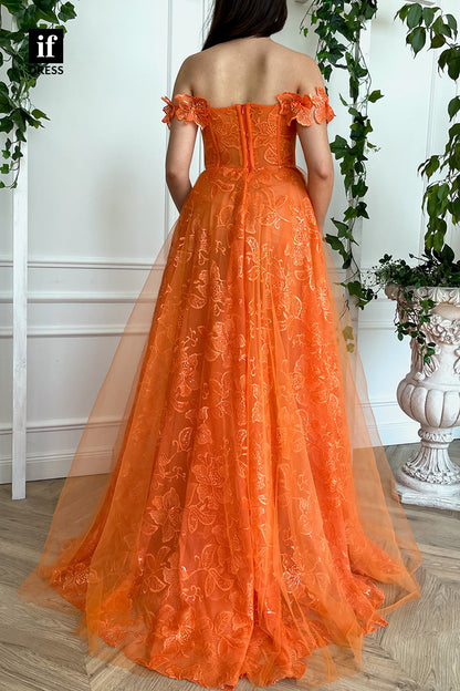 32898 - A-Line Off the Shoulder Appliques High Split Long Prom Dress