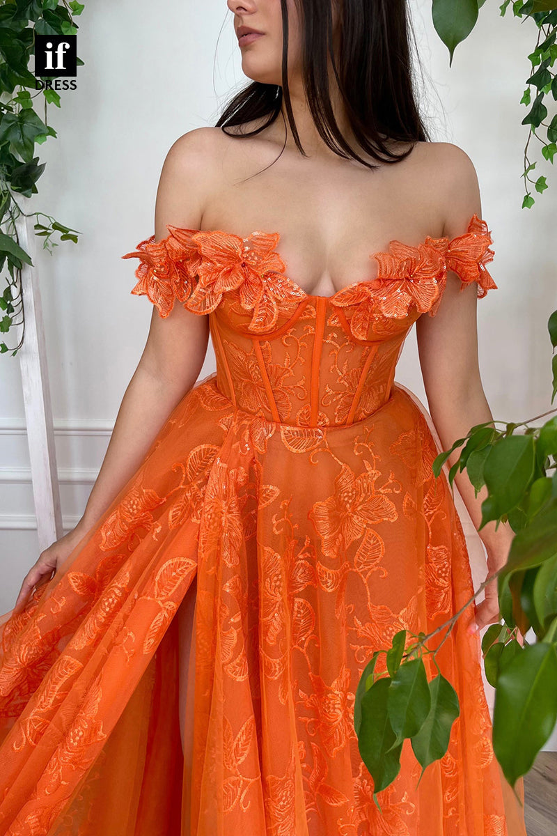 32898 - A-Line Off the Shoulder Appliques High Split Long Prom Dress