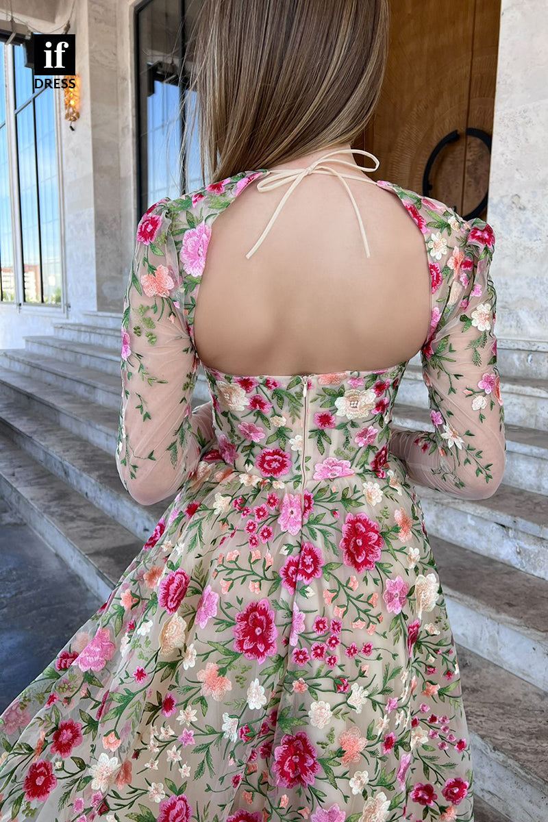 33804 - A-line Scoop Long Sleeves Embroidery Vintage Prom Dress