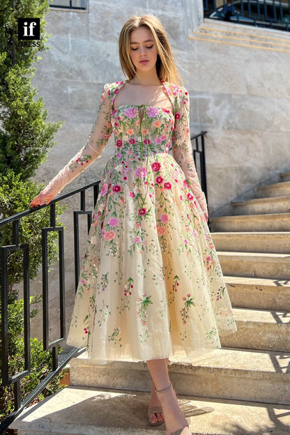33804 - A-line Scoop Long Sleeves Embroidery Vintage Prom Dress