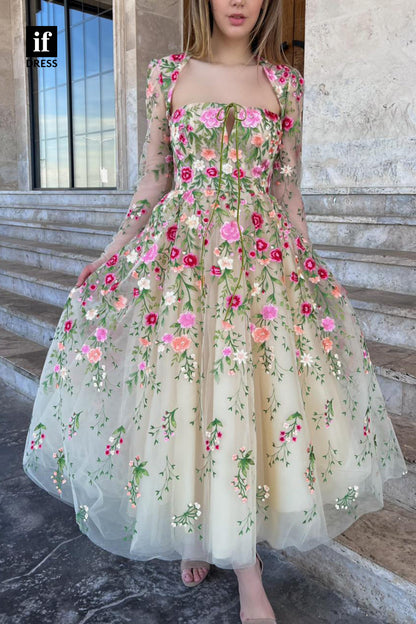 33804 - A-line Scoop Long Sleeves Embroidery Vintage Prom Dress