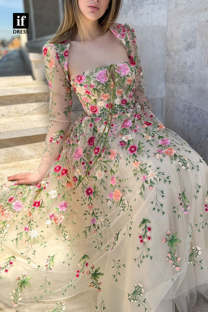 33804 - A-line Scoop Long Sleeves Embroidery Vintage Prom Dress
