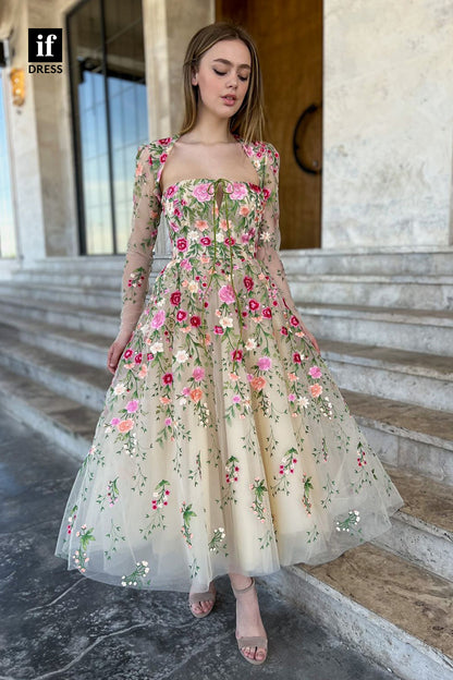 33804 - A-line Scoop Long Sleeves Embroidery Vintage Prom Dress