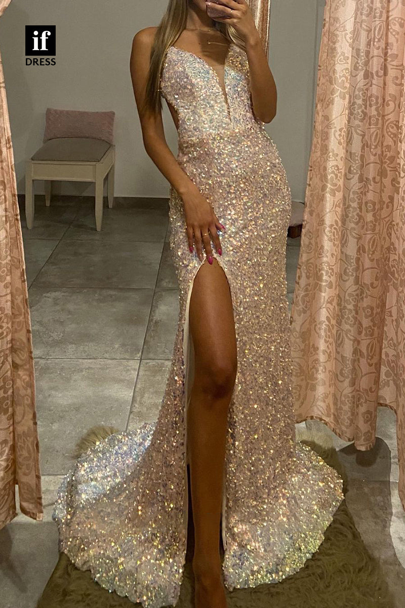 33822 - Plunging V-Neck Sequins Sparkly Prom Dress with Slit