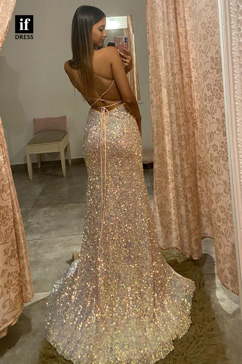 33822 - Plunging V-Neck Sequins Sparkly Prom Dress with Slit