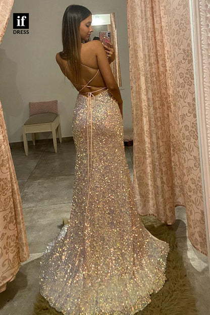 33822 - Plunging V-Neck Sequins Sparkly Prom Dress with Slit