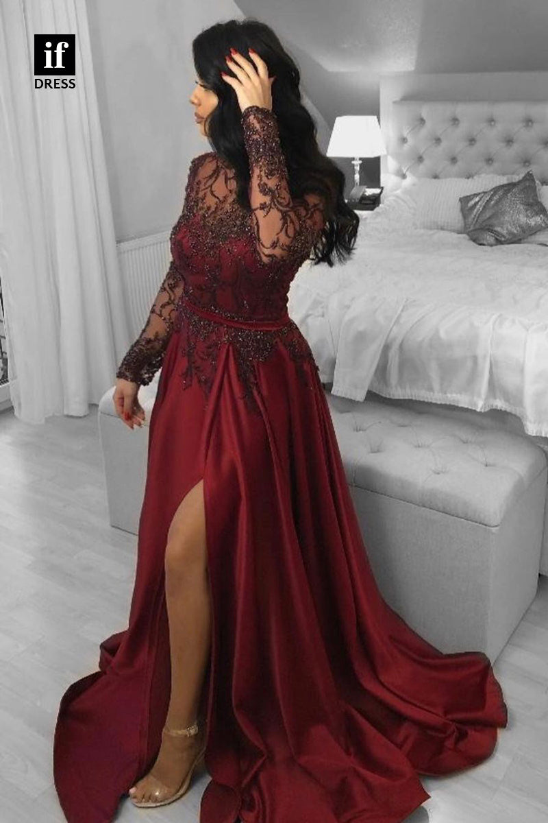 33824 - Illusion Neckline Bead Appliqued Long Sleeves Burgundy Formal Evening Gowns