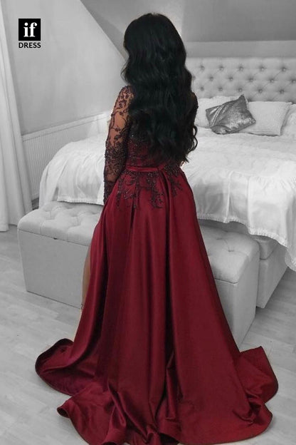 33824 - Illusion Neckline Bead Appliqued Long Sleeves Burgundy Formal Evening Gowns