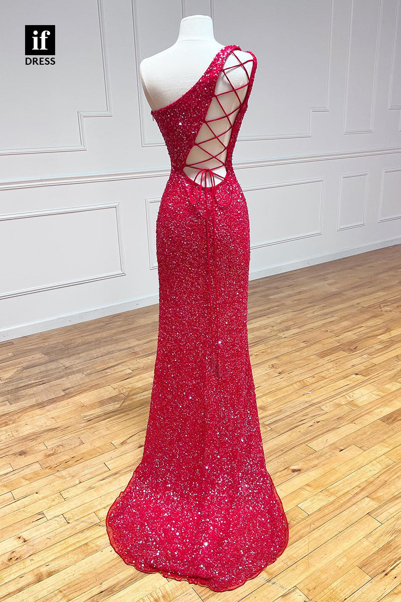 33853 - Classic One Shoulder Lace-Up Sequined Sheath Prom Formal Dress