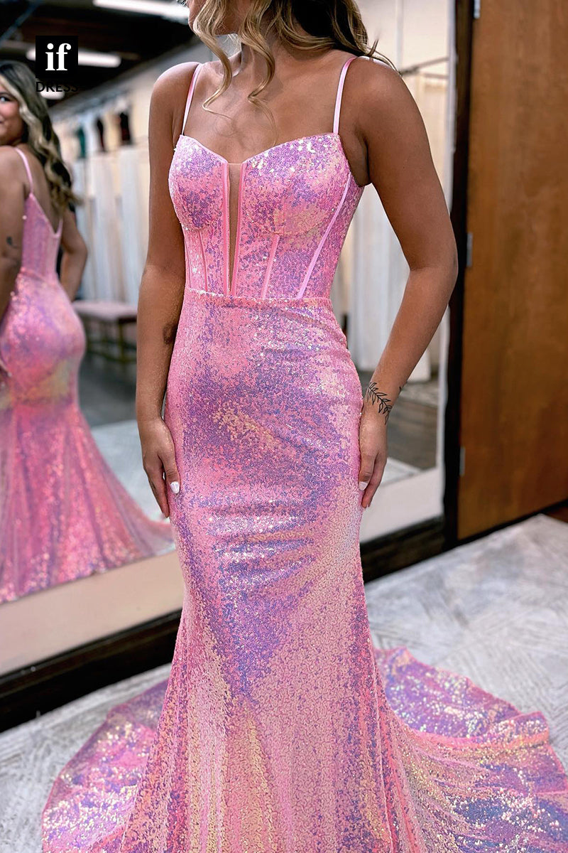 33854 - Sparkly Spaghetti Straps Sweetheart Sequined Column Prom Formal Dress