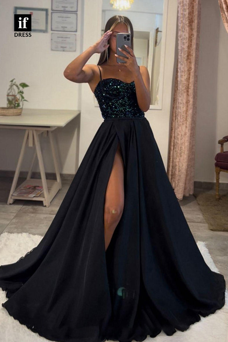 33864 - Attractive A-Line Spaghrtti Straps Sequins Prom Formal Gown