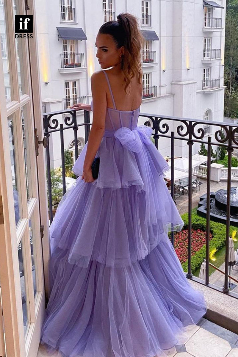 30840 - Spaghetti Straps Tulle Ruffles Lilac Prom Dress|IFDRESS
