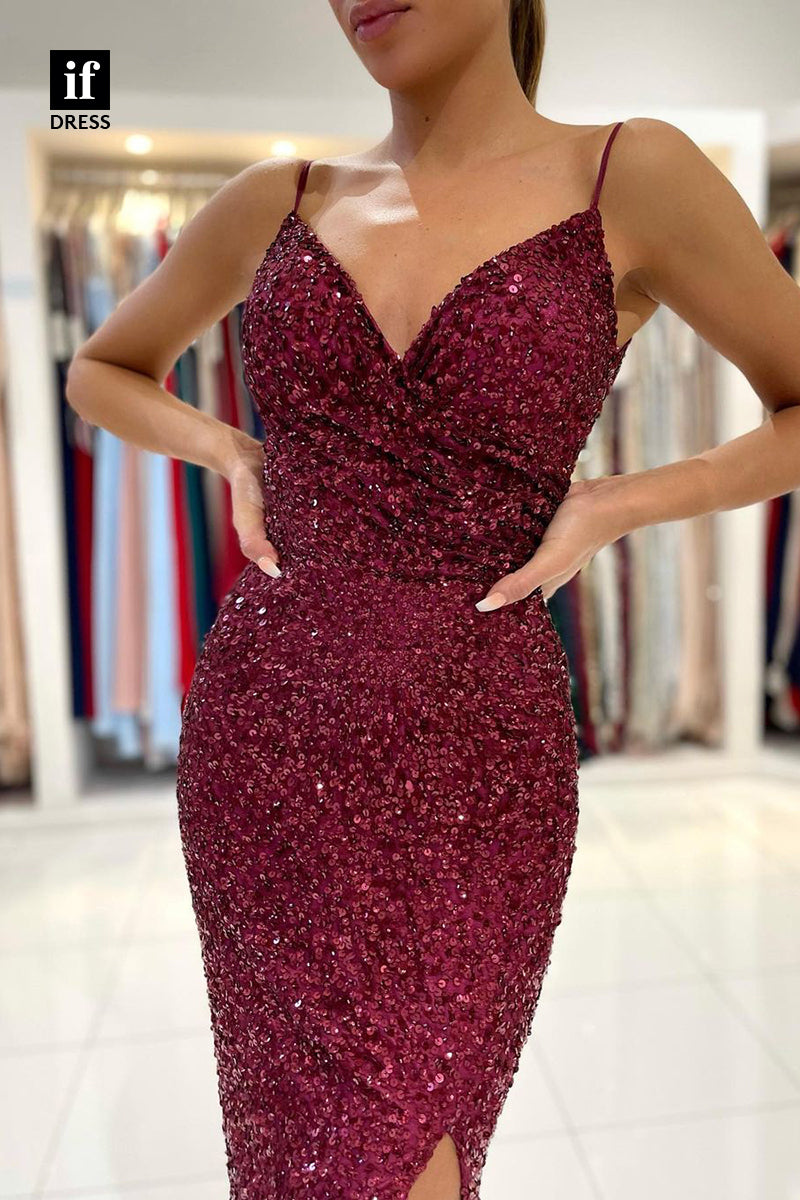 30843 - Women's Spaghetti Straps Sequins Burgundy Prom Dress 2022 with Slit|IFDRESS