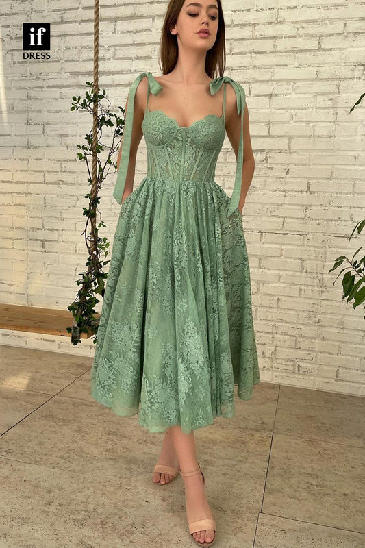 30857 - Spaghetti Straps Green Lace Vintage Prom Dress with Pockets|IFDRESS