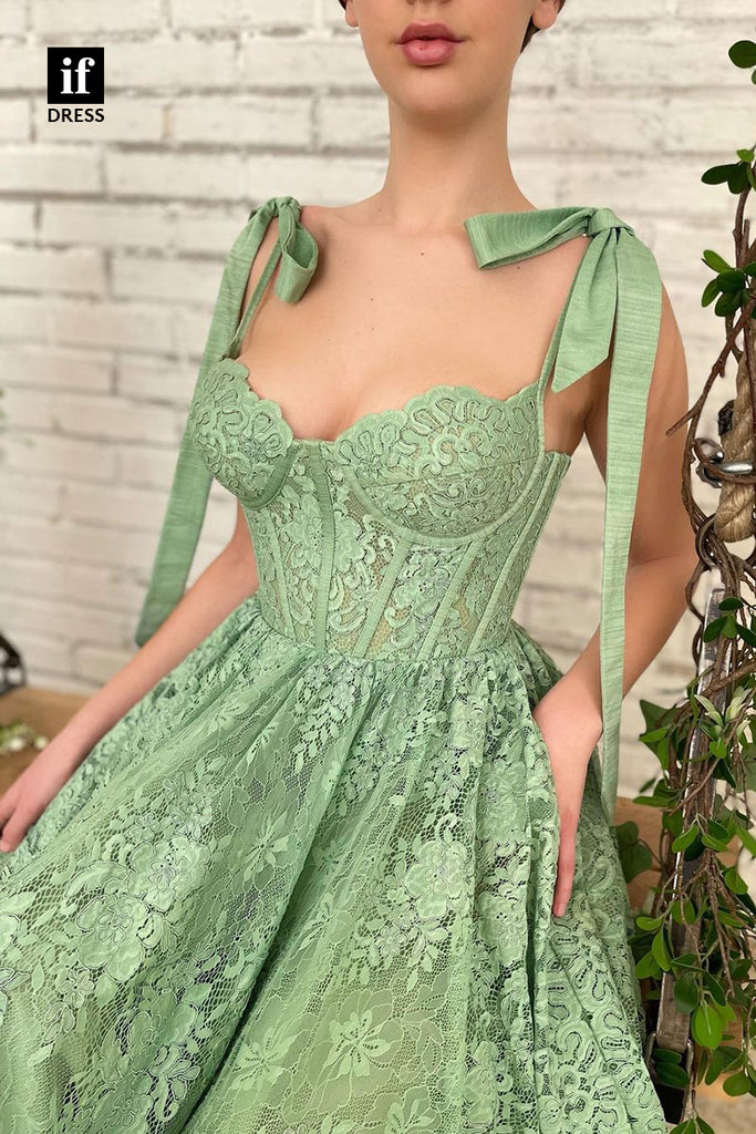 30857 - Spaghetti Straps Green Lace Vintage Prom Dress with Pockets|IFDRESS