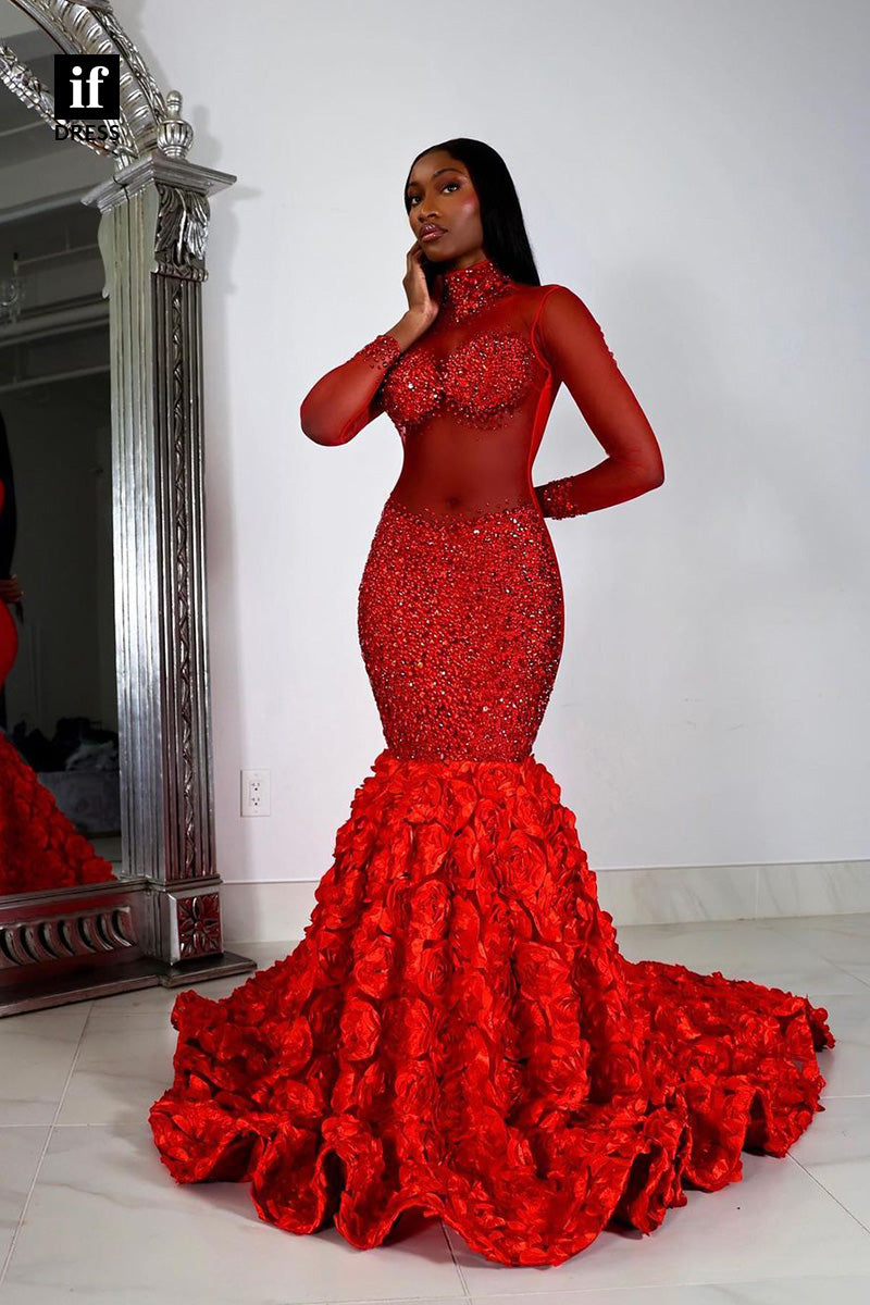 34211 - Honorable Illusion Long Sleeves Mermaid Prom  Dress For Black Girls